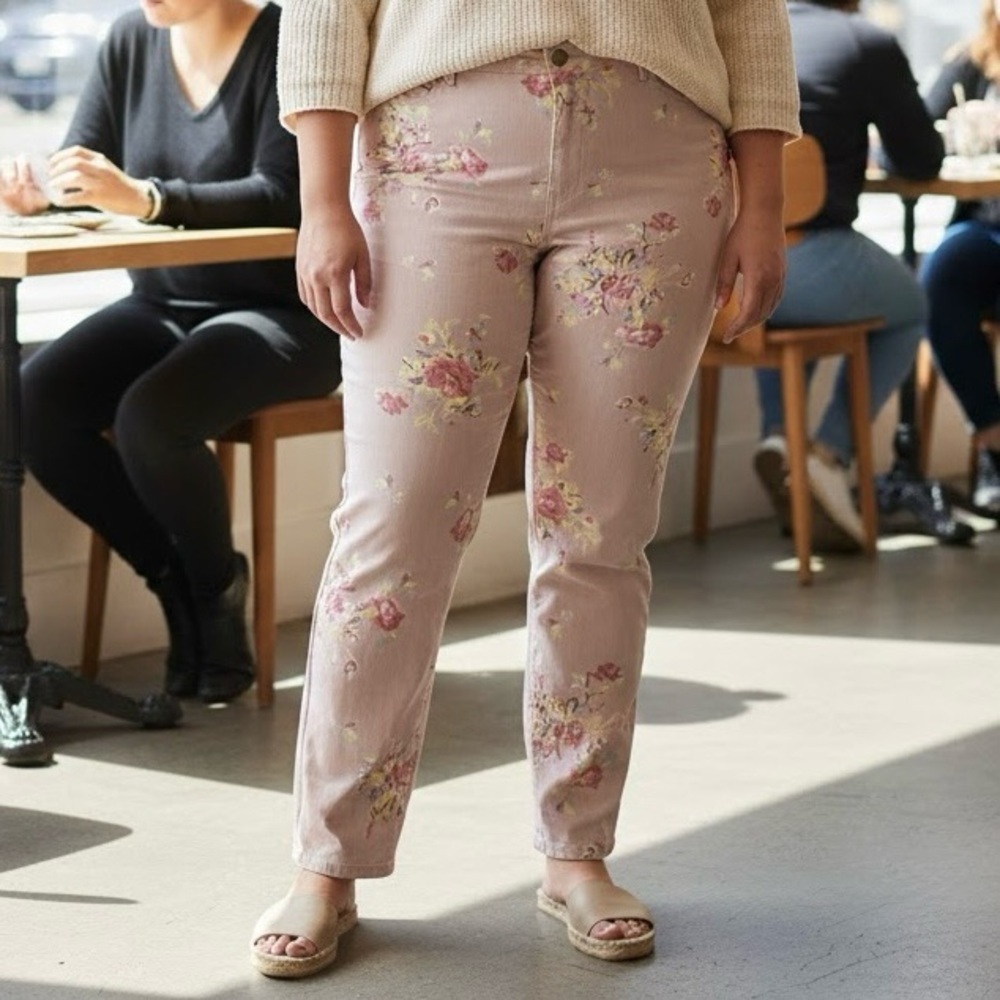 Garnet Hill Light Pink Floral Print Jeans Boho Chic Cottagecore Denim Spring